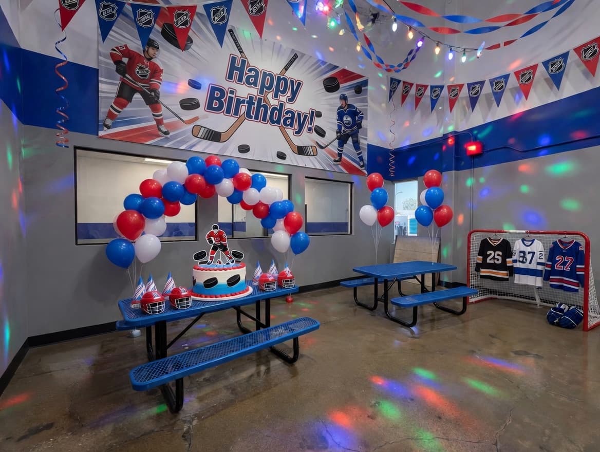 Ice Forge birthday party room with hockey decorations and balloons